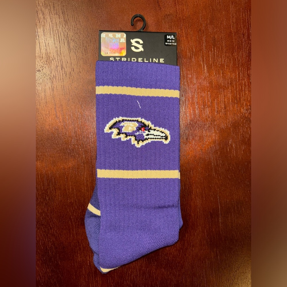 BALTIMORE RAVENS STRIDELINE CREW SOCKS NWT MEN’S SHOE SIZE 8-12